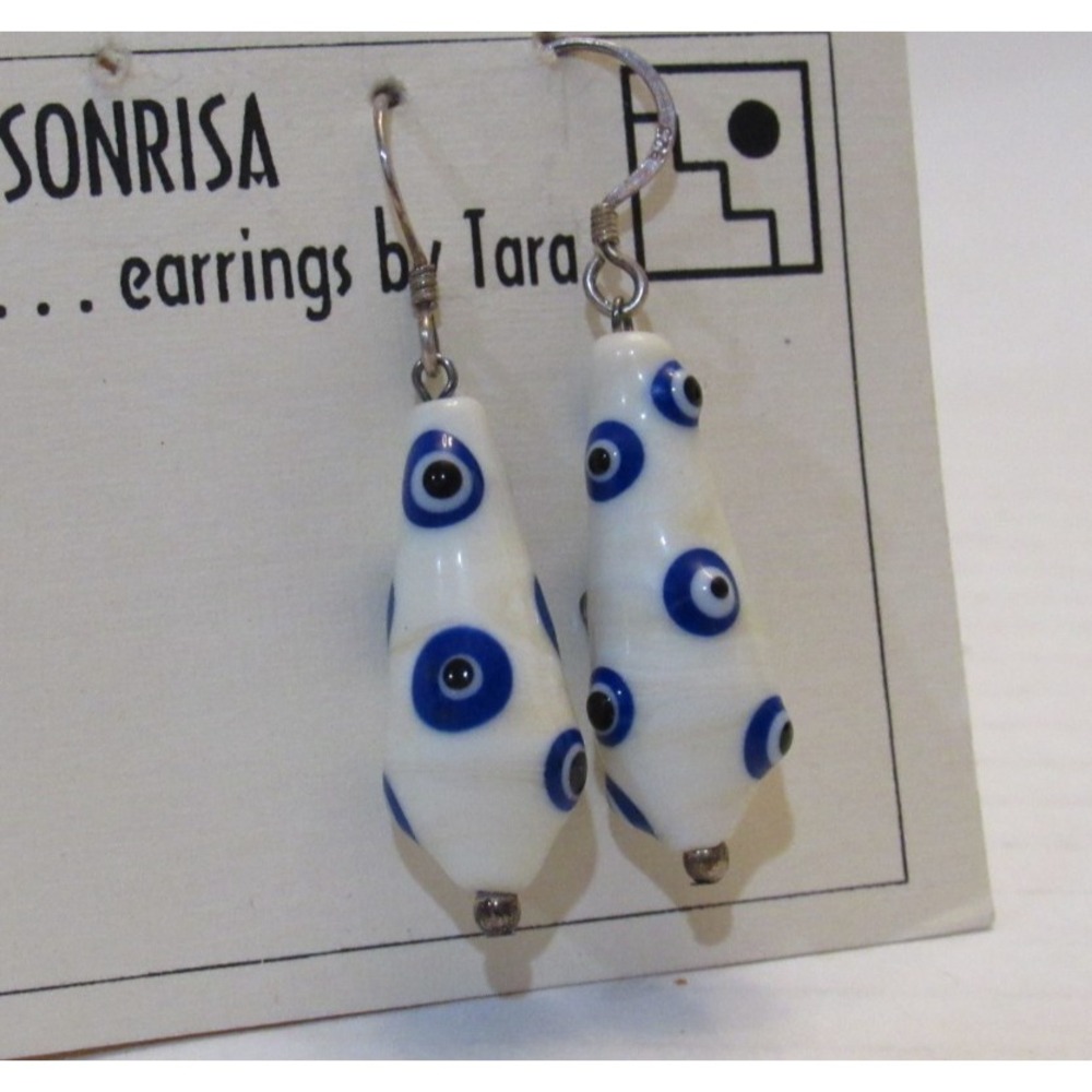 La Sonrisa by Tara Evil Eye Glass‎ Teardrop Earrings Sterling Silver Blue Ivory - Picture 3 of 6
